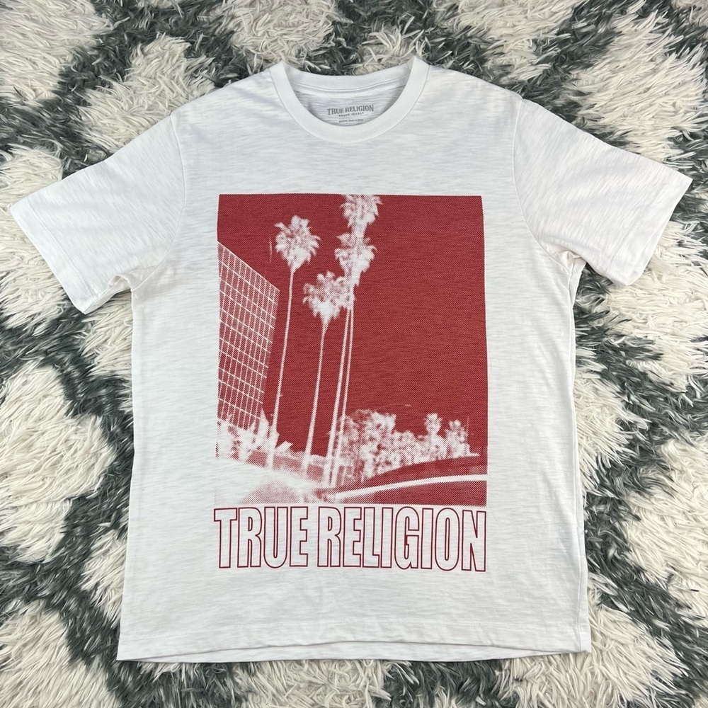 True Religion Men’s White Red Graphic T-shirt Size Medium SS Palm Tree